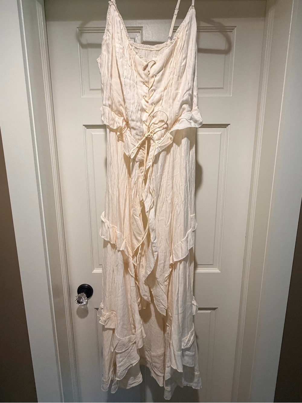 Cream Ruffle Lace-Up Maxi Dress